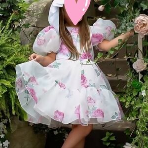 Floral Puff Sleeve Dress with Pink Roses